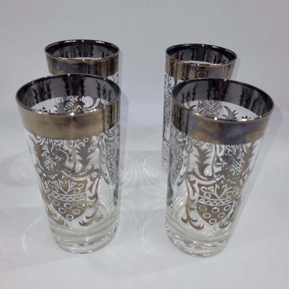 Vintage High Ball Glasses Set 4 Mid-Century Kimiko Silver Coat of Arms Barware